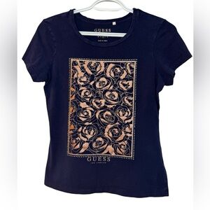Guess Navy Tee with Rose Gold Design